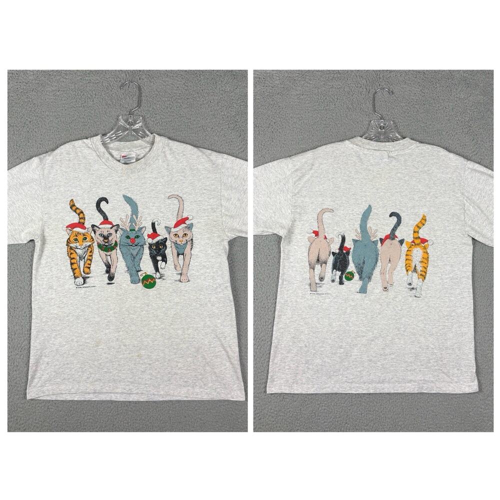Vtg Hanes Christmas Cats T-shirt Men’s Medium Double Sided 90s Single Stitch